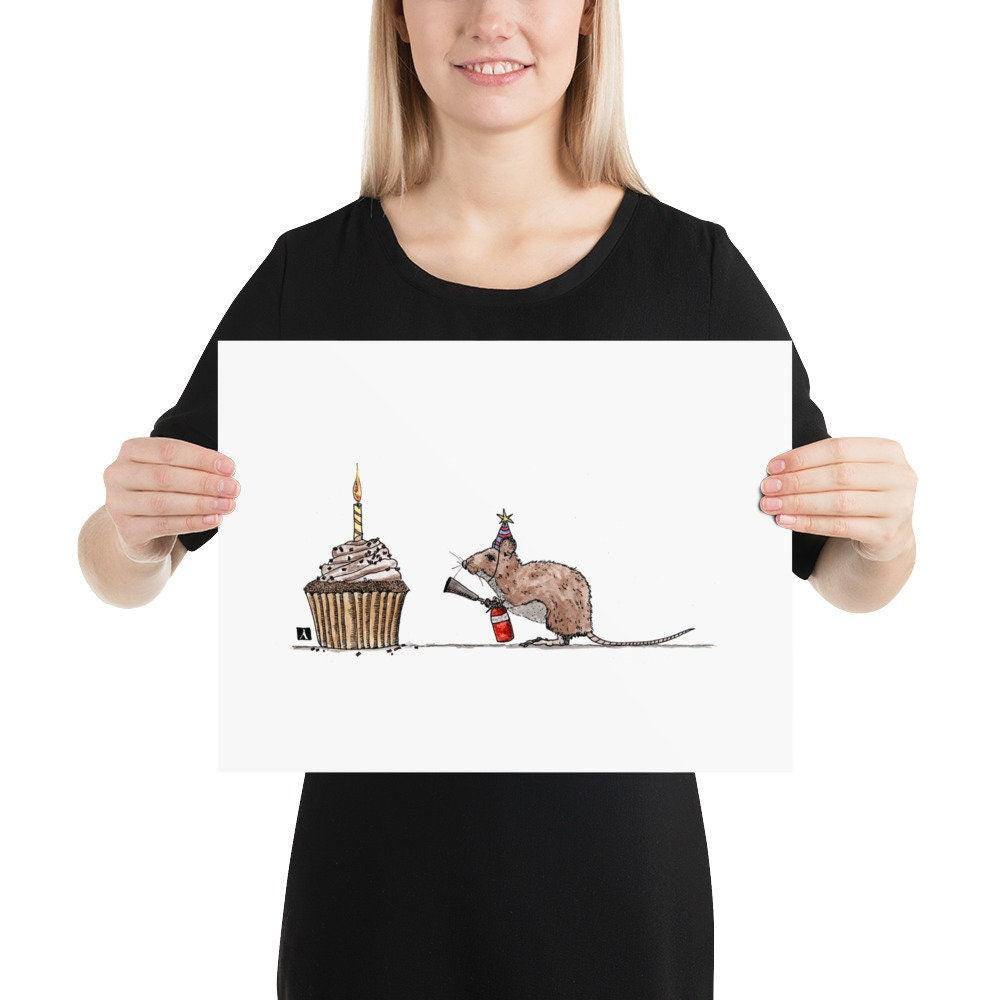 BellavanceInk: Pen & Ink/Watercolor Of Birthday Mouse and Cupcake Limited Print - BellavanceInk