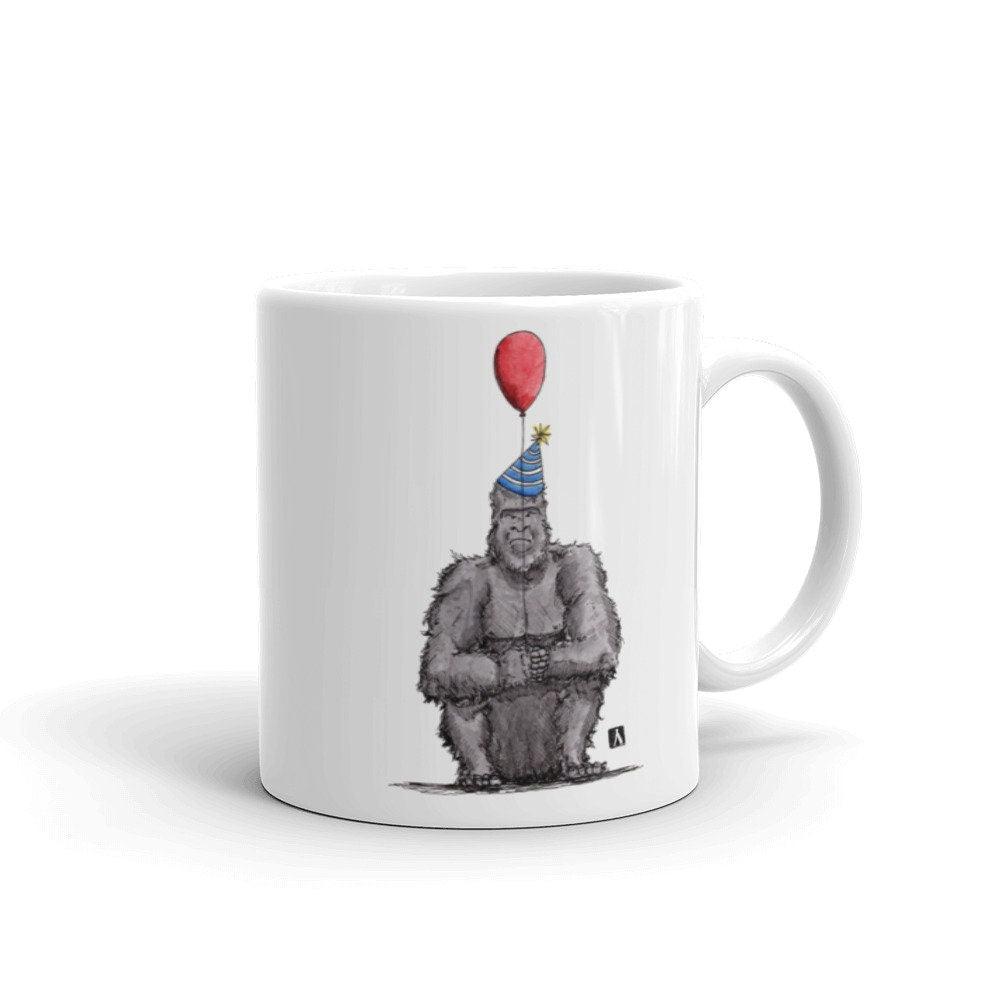 BellavanceInk: White Coffee Mug With Grumpy Birthday Gorilla And Balloon - BellavanceInk