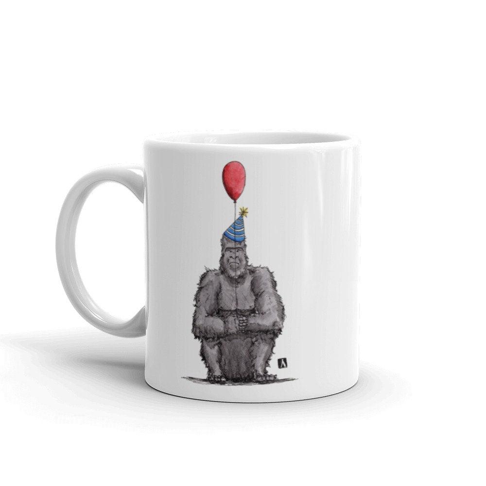 BellavanceInk: White Coffee Mug With Grumpy Birthday Gorilla And Balloon - BellavanceInk