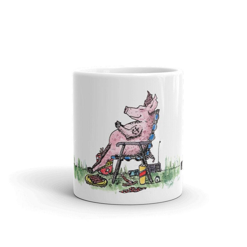 BellavanceInk: Coffee Mug With Over Stuffed Sleeping Pig In A Food Coma Pen & Ink Watercolor Design - BellavanceInk