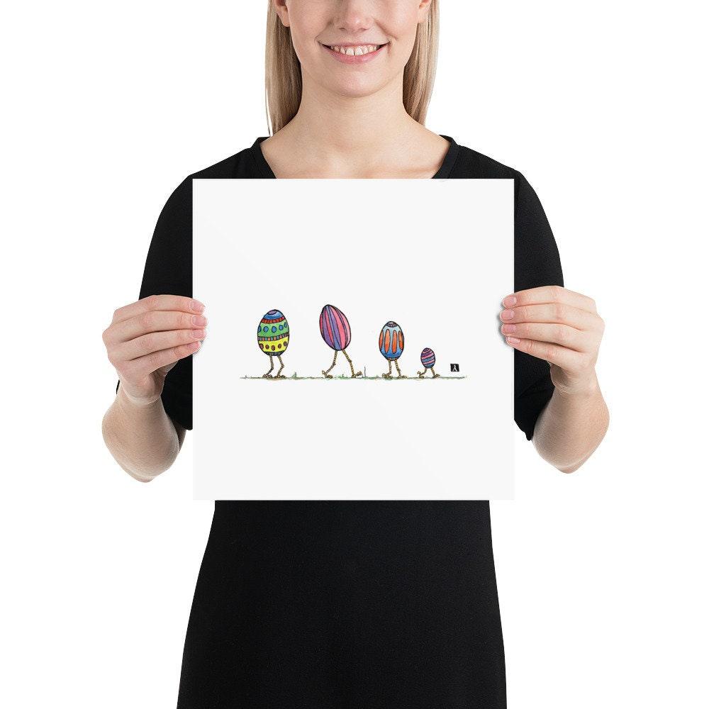 BellavanceInk: Pen & Ink Drawing With Watercolor of Easter Egg Family Walking Together - BellavanceInk