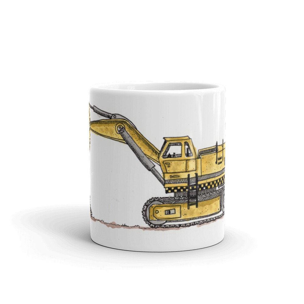 BellavanceInk: Coffee Mug With A Hand Drawn Pen & Ink Watercolor of A Construction Excavator - BellavanceInk