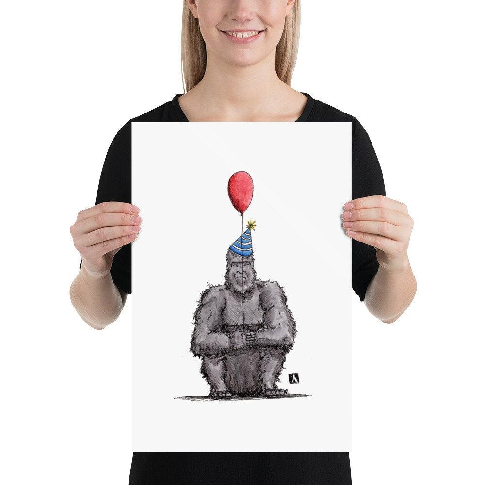 BellavanceInk: Pen & Ink/Watercolor Of Grumpy Birthday Gorilla And Balloon - BellavanceInk