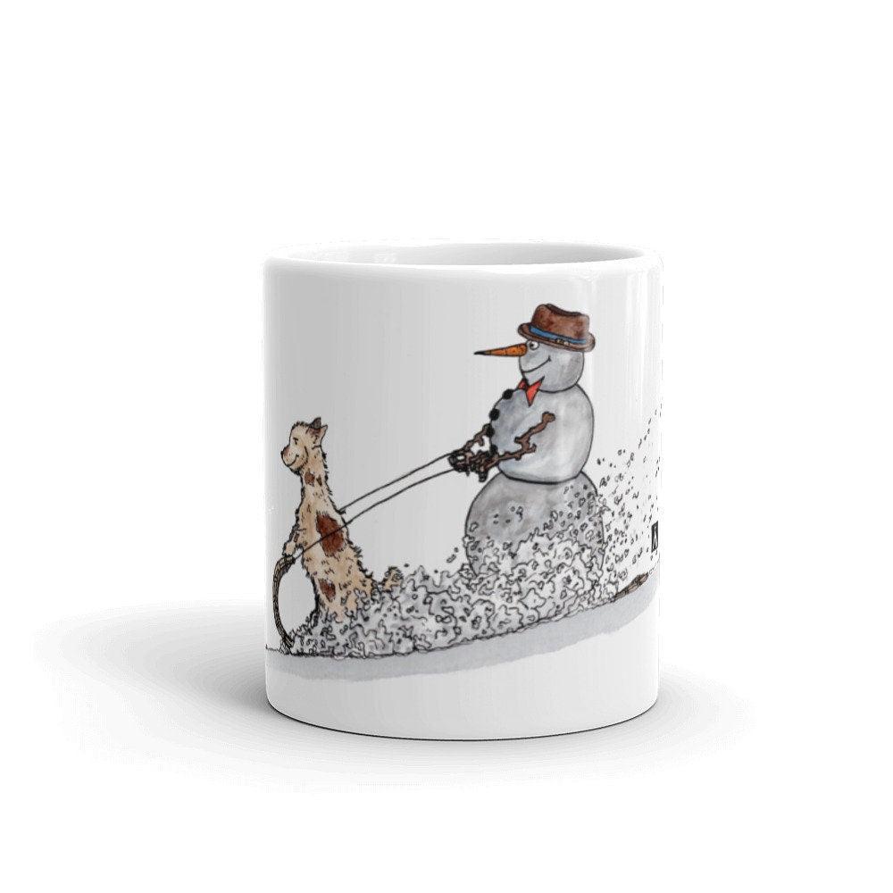 BellavanceInk: Christmas Coffee Mug With Snowman And Little Dog On A Toboggan Pen/Ink Watercolor - BellavanceInk
