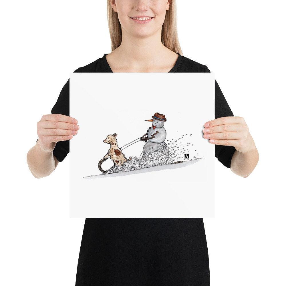 BellavanceInk: Pen & Ink/Watercolor With Snowman And Little Dog Tobogganing Down A Hill  Limited Print - BellavanceInk