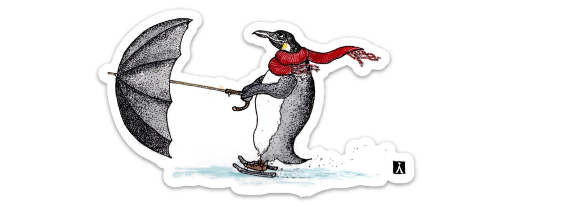 BellavanceInk: Penguin With Umbrella & Ice Skates Vinyl Sticker Pen and Ink Illustration - BellavanceInk
