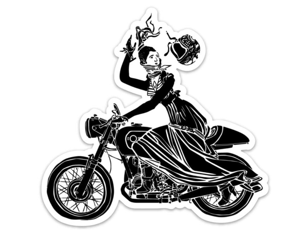 BellavanceInk: Victorian Lady On A Cafe Racer Motorcycle Vinyl Sticker Illustration - BellavanceInk