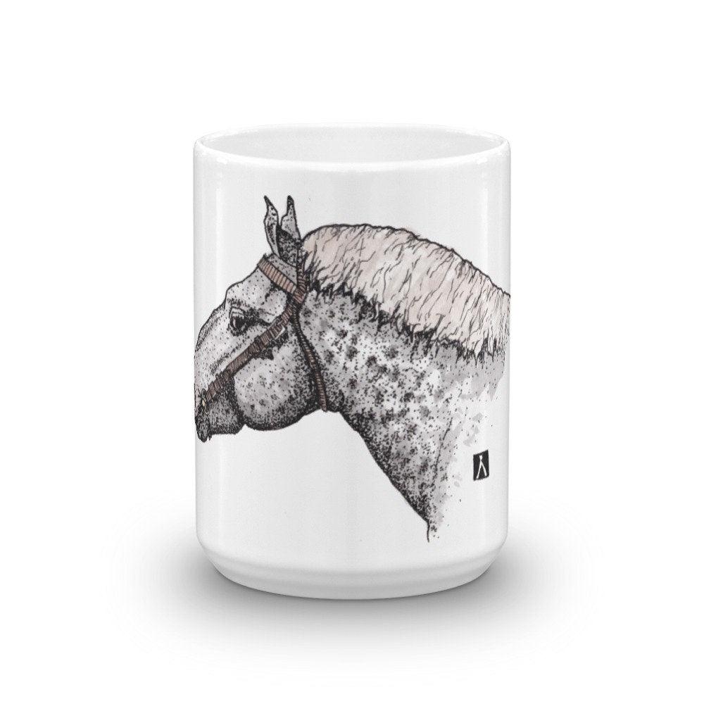 BellavanceInk: White Coffee Mug With Percheron Horse Head Pen & Ink With Watercolor Print - BellavanceInk