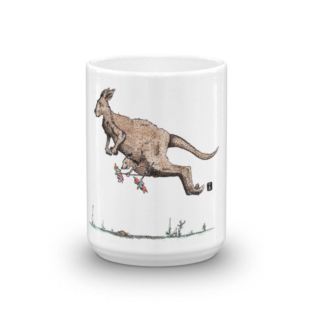 BellavanceInk: White Coffee Mug With Kangaroo and Joey Hopping Pen & Ink With Watercolor Print - BellavanceInk