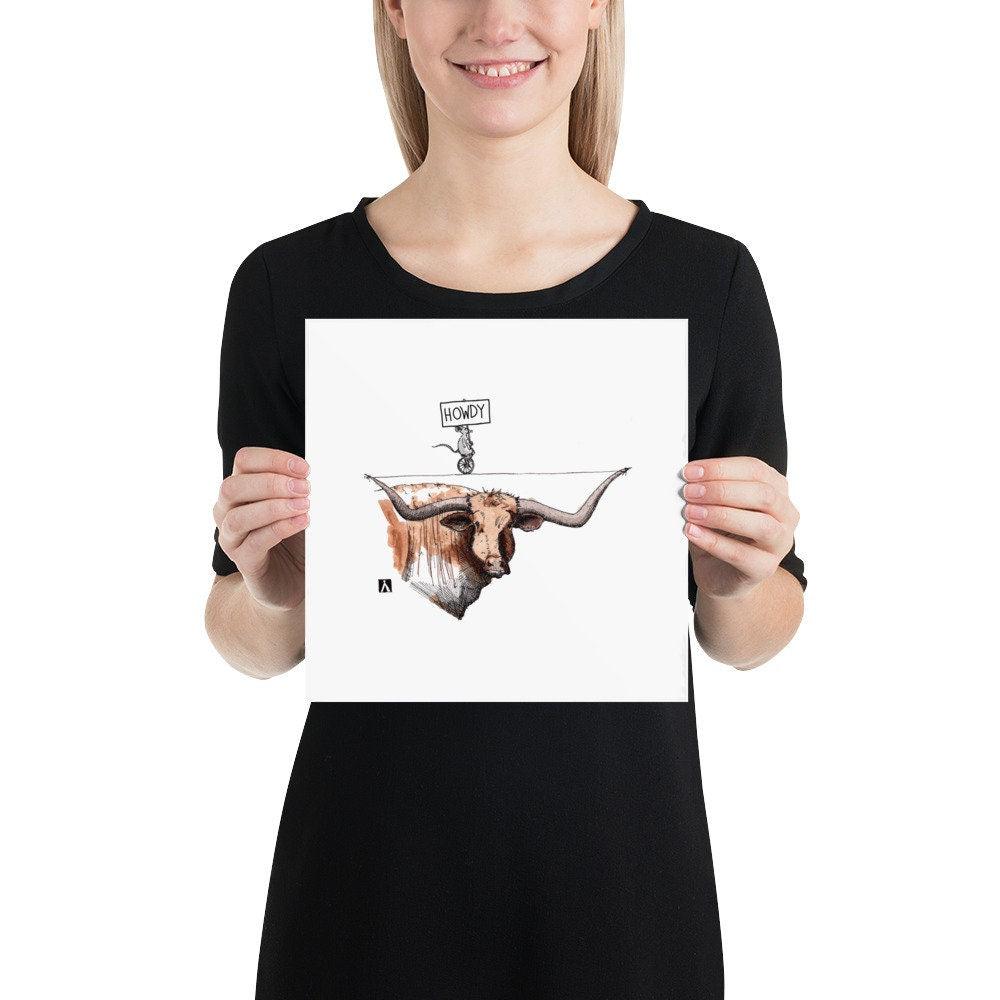 BellavanceInk: Pen & Ink Watercolor Drawing of Texas Longhorn and Mouse On A High Wire Illustration - BellavanceInk