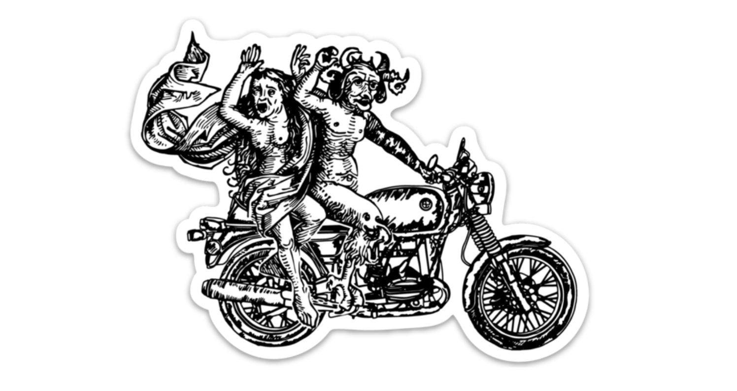 BellavanceInk: Devil and Woman Riding A Motorcycle Vinyl Sticker Illustration - BellavanceInk