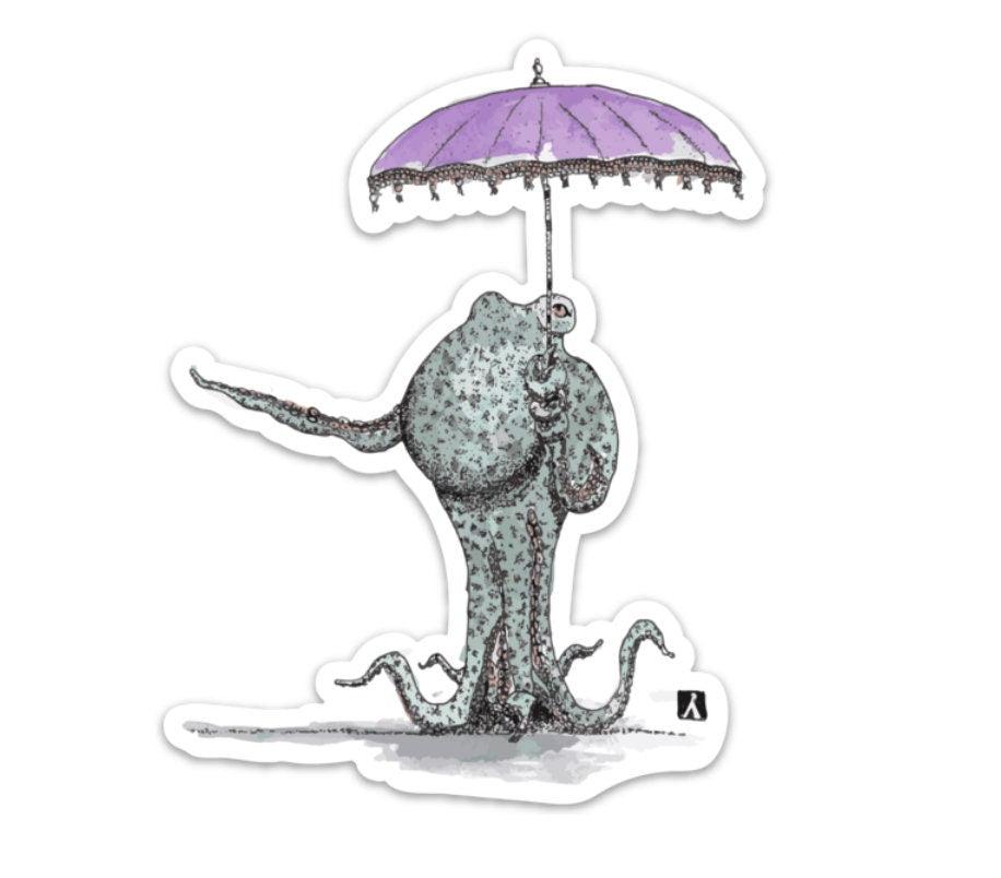 BellavanceInk: Octopus With Parasol/Umbrella Vinyl Sticker Pen and Ink Illustration - BellavanceInk