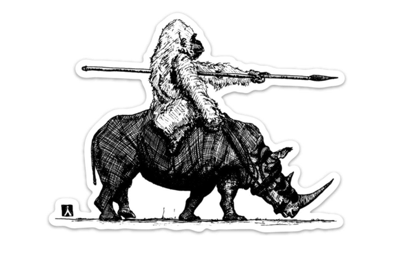 BellavanceInk: Gorilla On A War Rhino Vinyl Sticker Pen & Ink Illustration - BellavanceInk