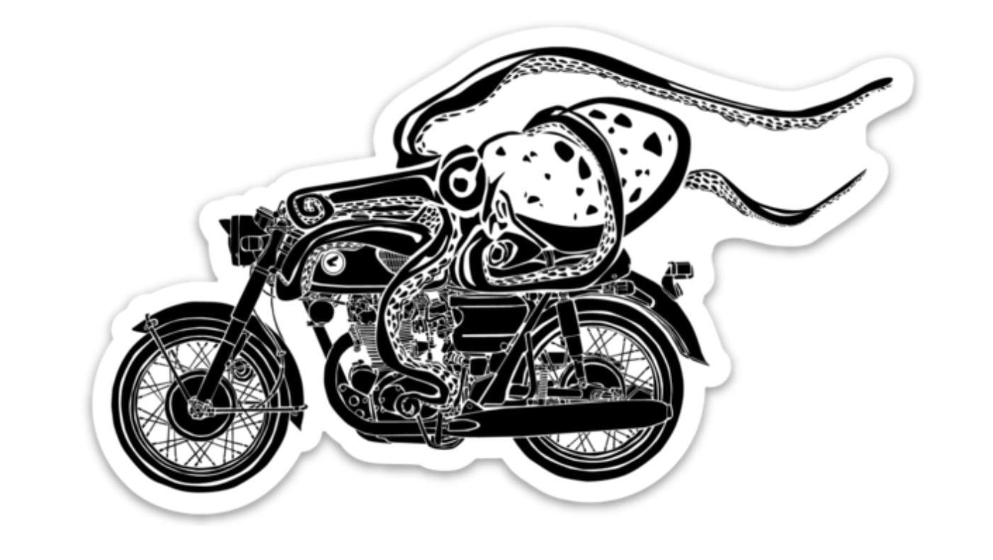 BellavanceInk: Octopus Riding on a Cafe Racer Motorcycle Vinyl Sticker Illustration - BellavanceInk