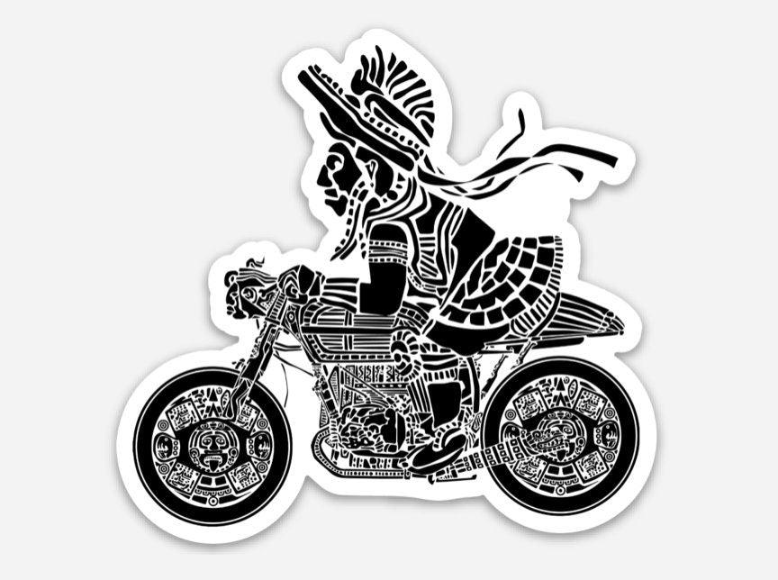 BellavanceInk: Mayan Warrior On A Cafe Racer Illustration On A Vinyl Sticker - BellavanceInk