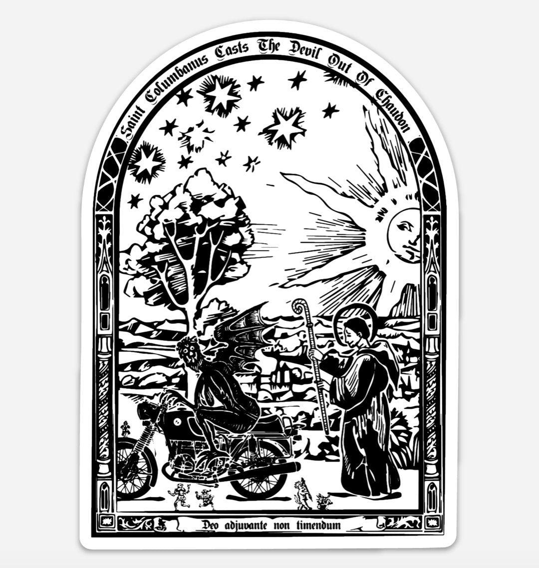 BellavanceInk: Saint Columbanus Patron Saint of Motorcyclists Illustration On A Vinyl Sticker - BellavanceInk