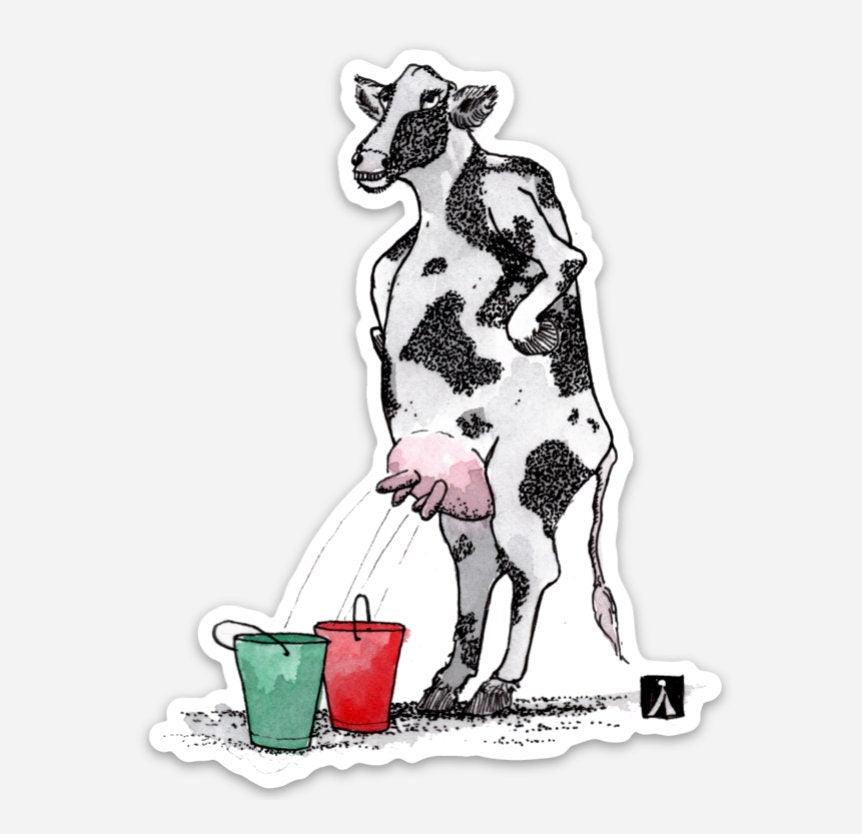 BellavanceInk: Disturbing Cow Standing While Milking Illustration On A Vinyl Sticker - BellavanceInk
