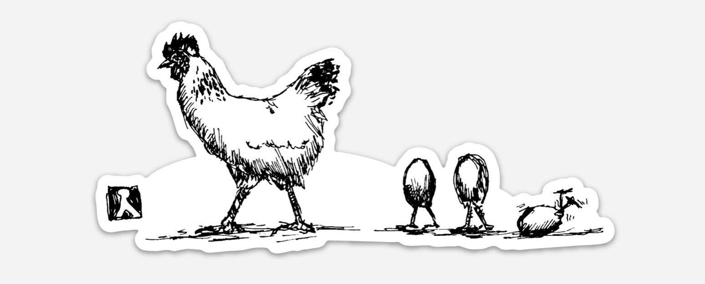 BellavanceInk: Chicken And Her Three Eggs Pen And Ink Illustration On A Vinyl Sticker - BellavanceInk