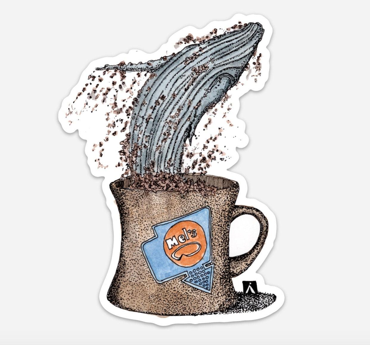 BellavanceInk: Pen & Ink Watercolor Sketch Blue Whale Jumping Out of A Coffee Mug Vinyl Sticker - BellavanceInk