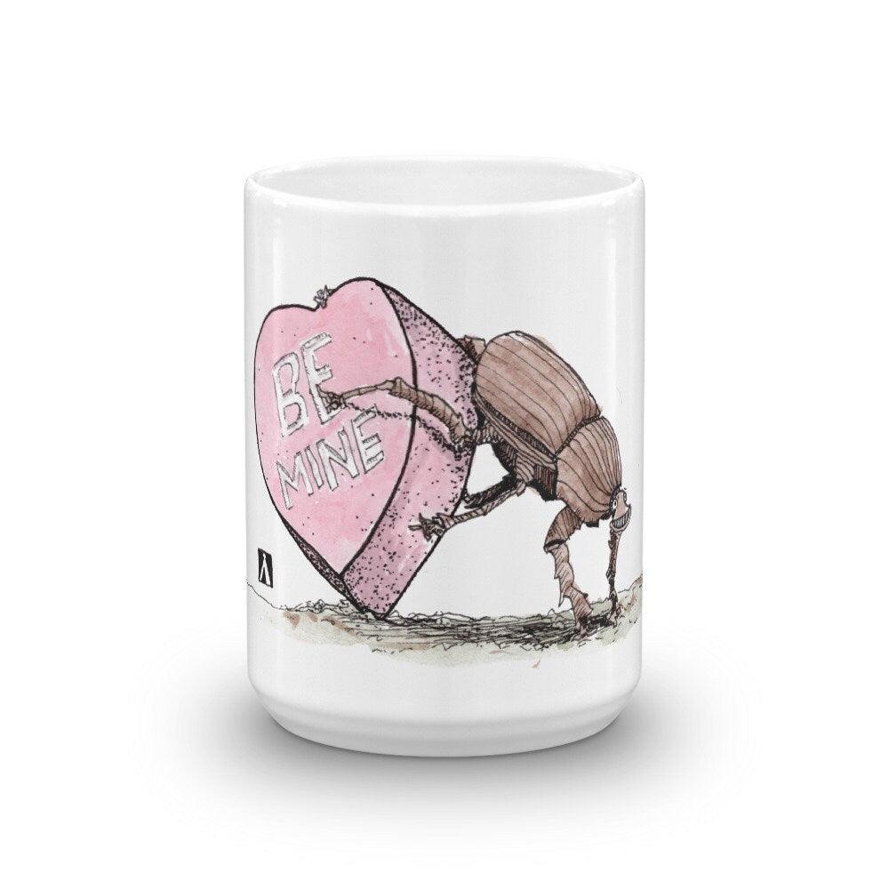 BellavanceInk: Coffee Mug With Pen & Ink Watercolor Sketch Of A Beetle Pushing A Valentines Day Candy Heart - BellavanceInk