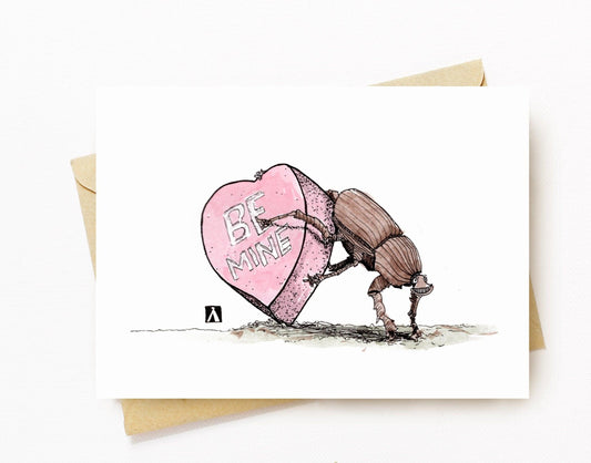 BellavanceInk: Hand Drawn Valentines Day Cards Dung Beetle Pushing A Candy Heart Pen & Ink Watercolor Illustration 5 x 7 Inches - BellavanceInk