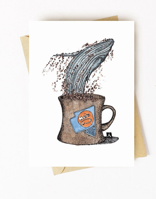 BellavanceInk: Greeting Card With Blue Whale Jumping Out Of Coffee Cup Graphic 5 x 7 Inches - BellavanceInk