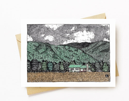 BellavanceInk: Greeting Card With Pen & Ink Watercolor of Farm House in Crozet Virginia Nestled By The Mountains - BellavanceInk