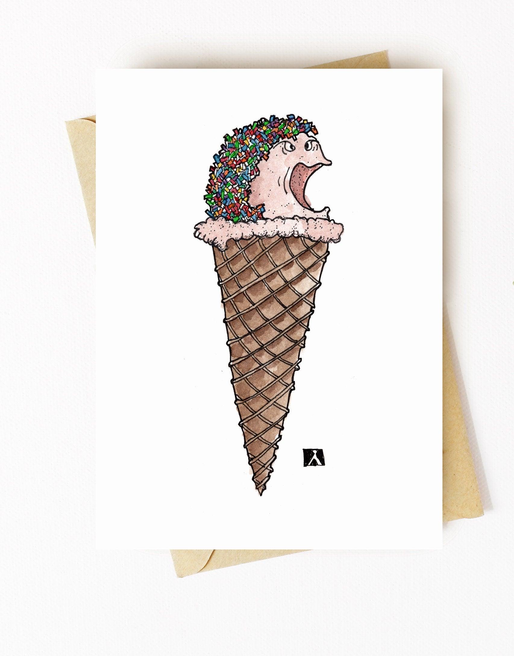 BellavanceInk: Birthday Card With Screaming Ice Cream Pen & Ink Watercolor Illustration 5 x 7 Inches - BellavanceInk