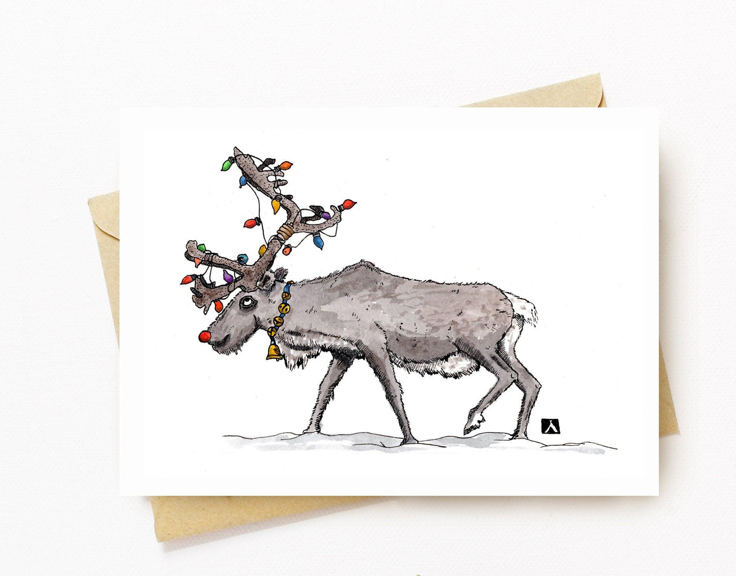 BellavanceInk: Christmas Card With Rudolph The Red Nose Reindeer And His Christmas Lights Pen & Ink Watercolor Illustration 5 x 7 Inches - BellavanceInk
