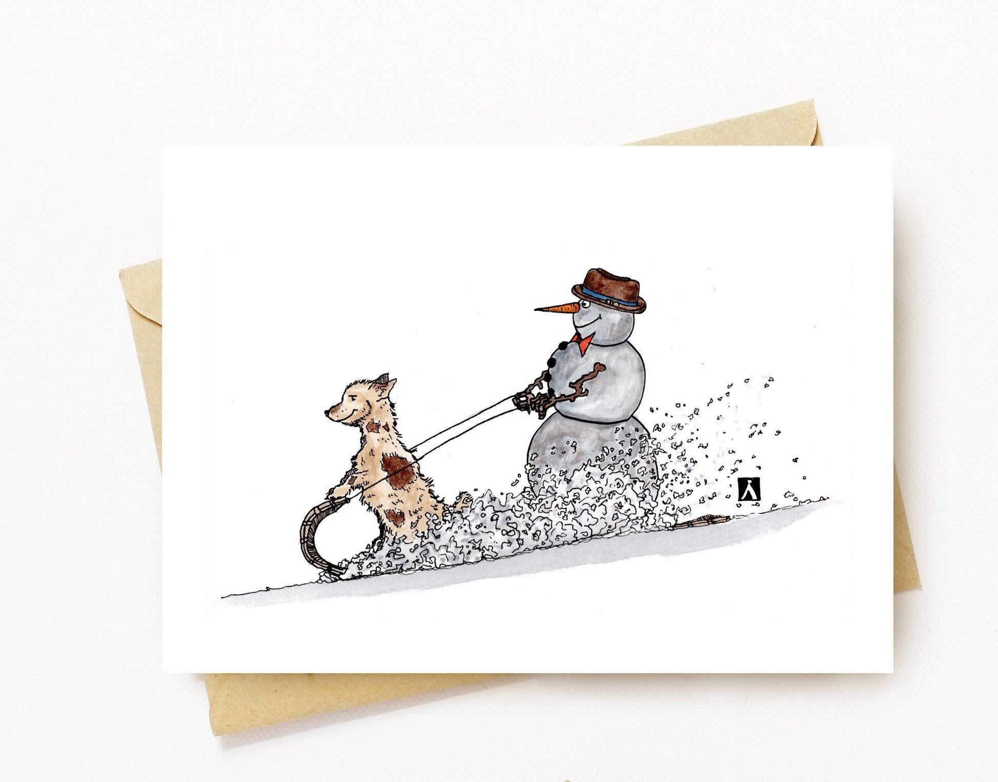 BellavanceInk: Christmas Card With Snowman And Little On A Toboggan Pen & Ink Watercolor Illustration 5 x 7 Inches - BellavanceInk