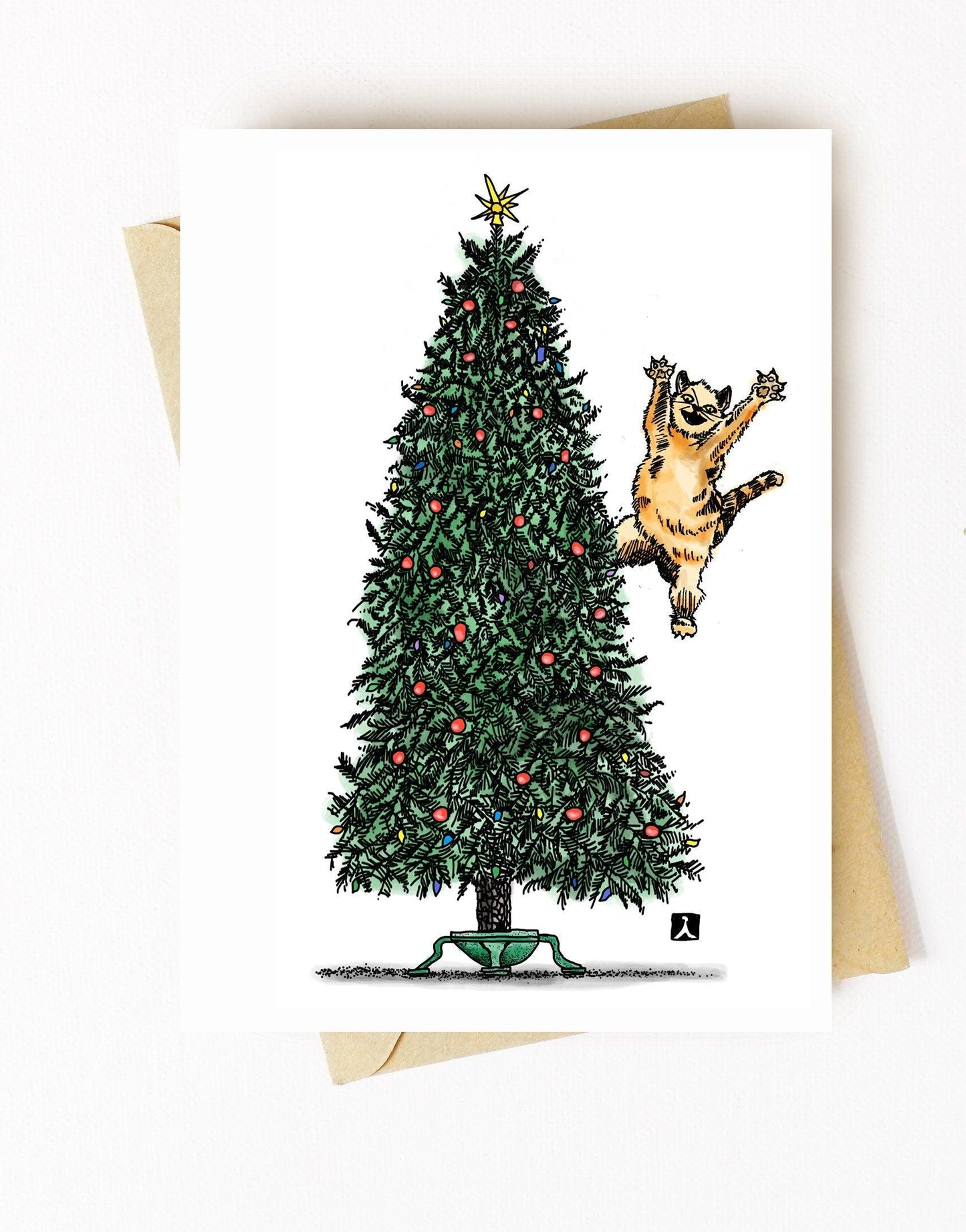 BellavanceInk: Christmas Card With Cat Attacking A Christmas Tree Pen & Ink Watercolor Illustration 5 x 7 Inches - BellavanceInk