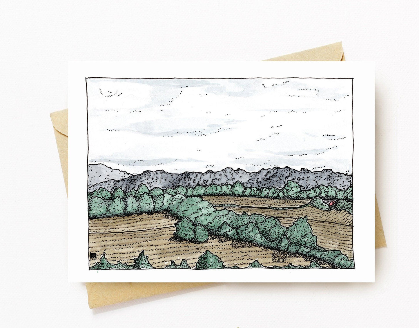 BellavanceInk: Greeting Card With Pen and Ink Watercolor/Pen Drawing of Blue Ridge Skyline Near Crozet Virginia 5 x 7 Inches - BellavanceInk