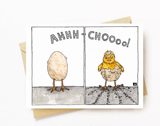 BellavanceInk: Get Well Card With Baby Chick Sneezing Out Of Her Egg Shell 5 x 7 Inches - BellavanceInk