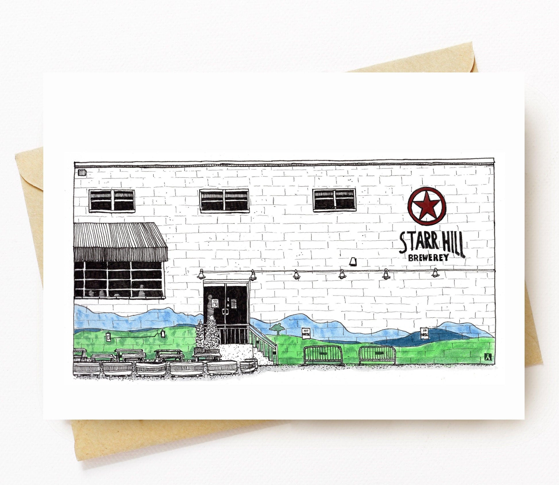 BellavanceInk: Greeting Card With A Pen & Ink Drawing/Watercolor Of Starr Hill Brewery in Crozet, Virginia 5 x 7 Inches - BellavanceInk