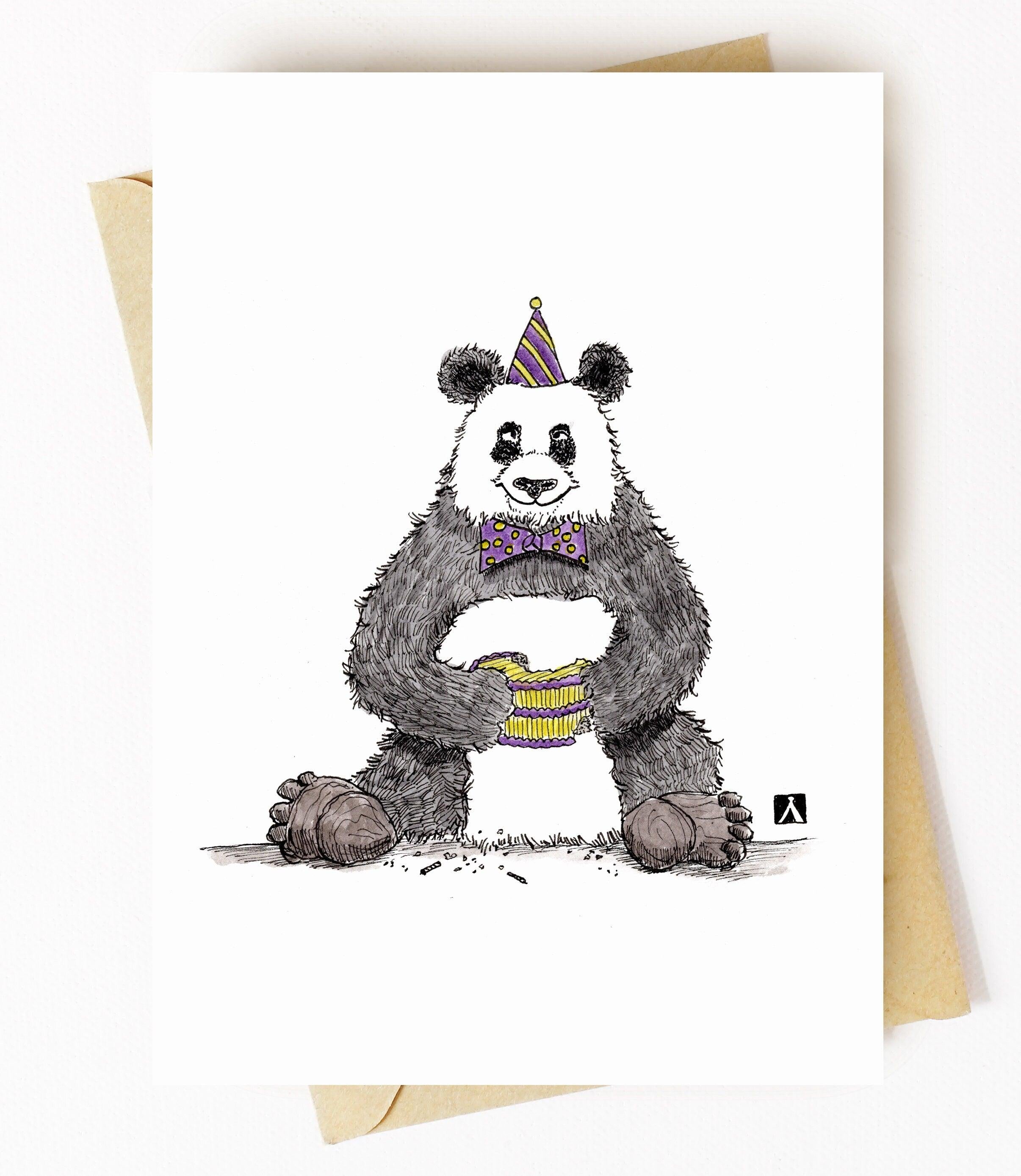 BellavanceInk: Birthday Card With Panda And Birthday Cake Pen & Ink Watercolor Illustration 5 x 7 Inches