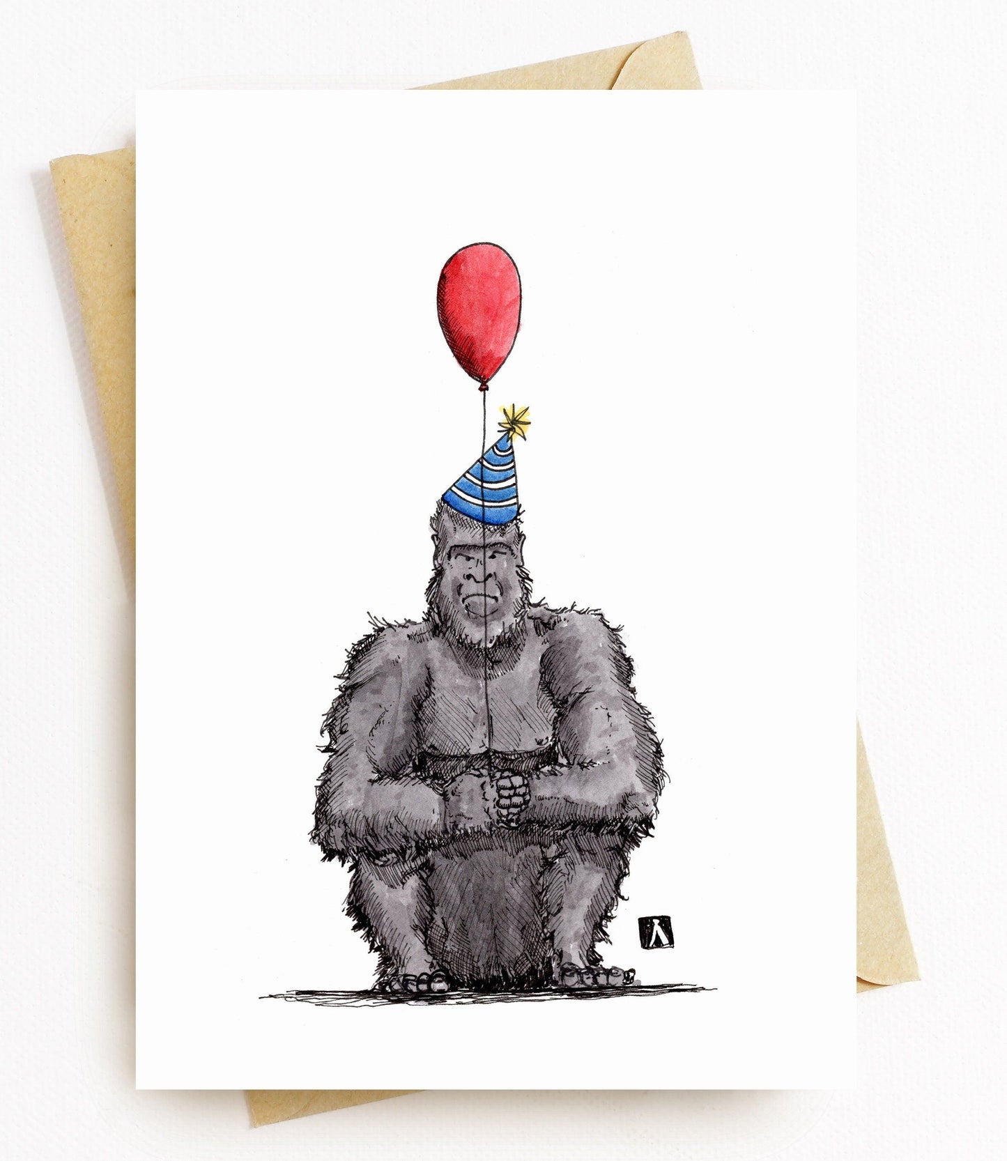 BellavanceInk: Birthday Card With Grumpy Gorilla With Birthday Balloon Pen & Ink Watercolor Illustration 5 x 7 Inches - BellavanceInk