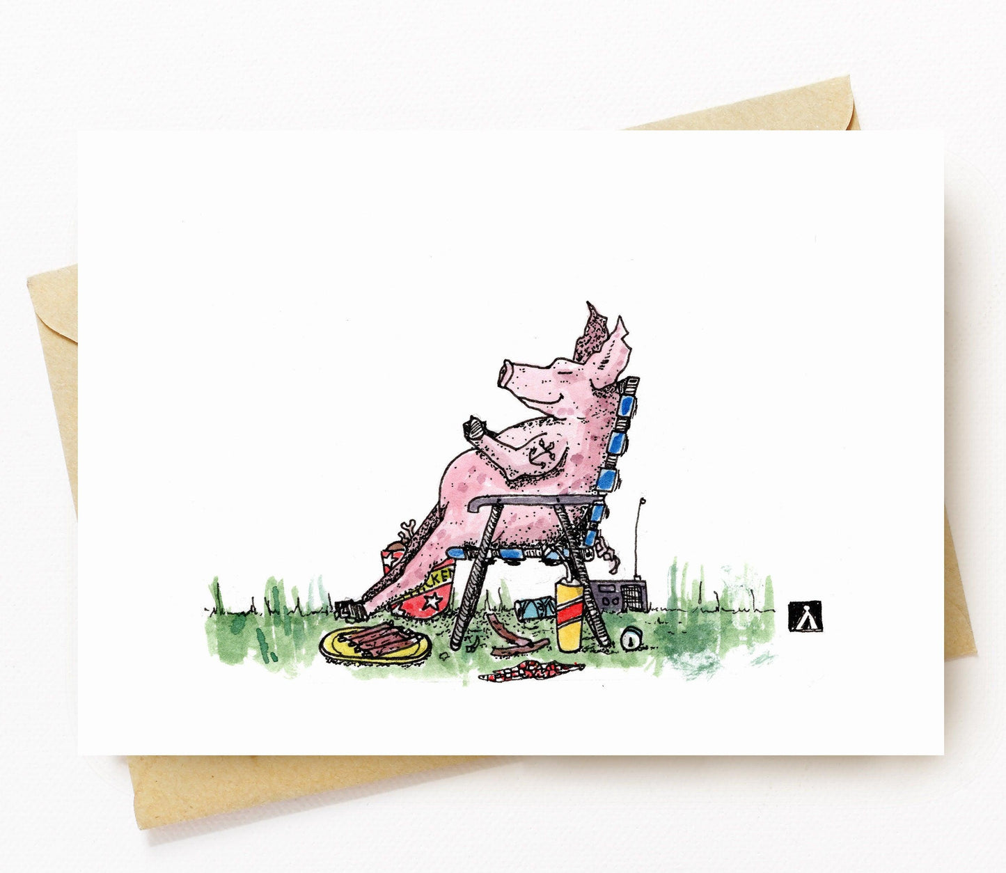 BellavanceInk: Greeting Card With Over Stuffed Pig In A Food Coma Pen & Ink Watercolor Illustration 5 x 7 Inches - BellavanceInk