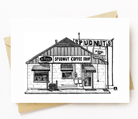BellavanceInk: Greeting Card With Vintage Charlottesville Spudnuts Restaurant 5 x 7 Inches - BellavanceInk