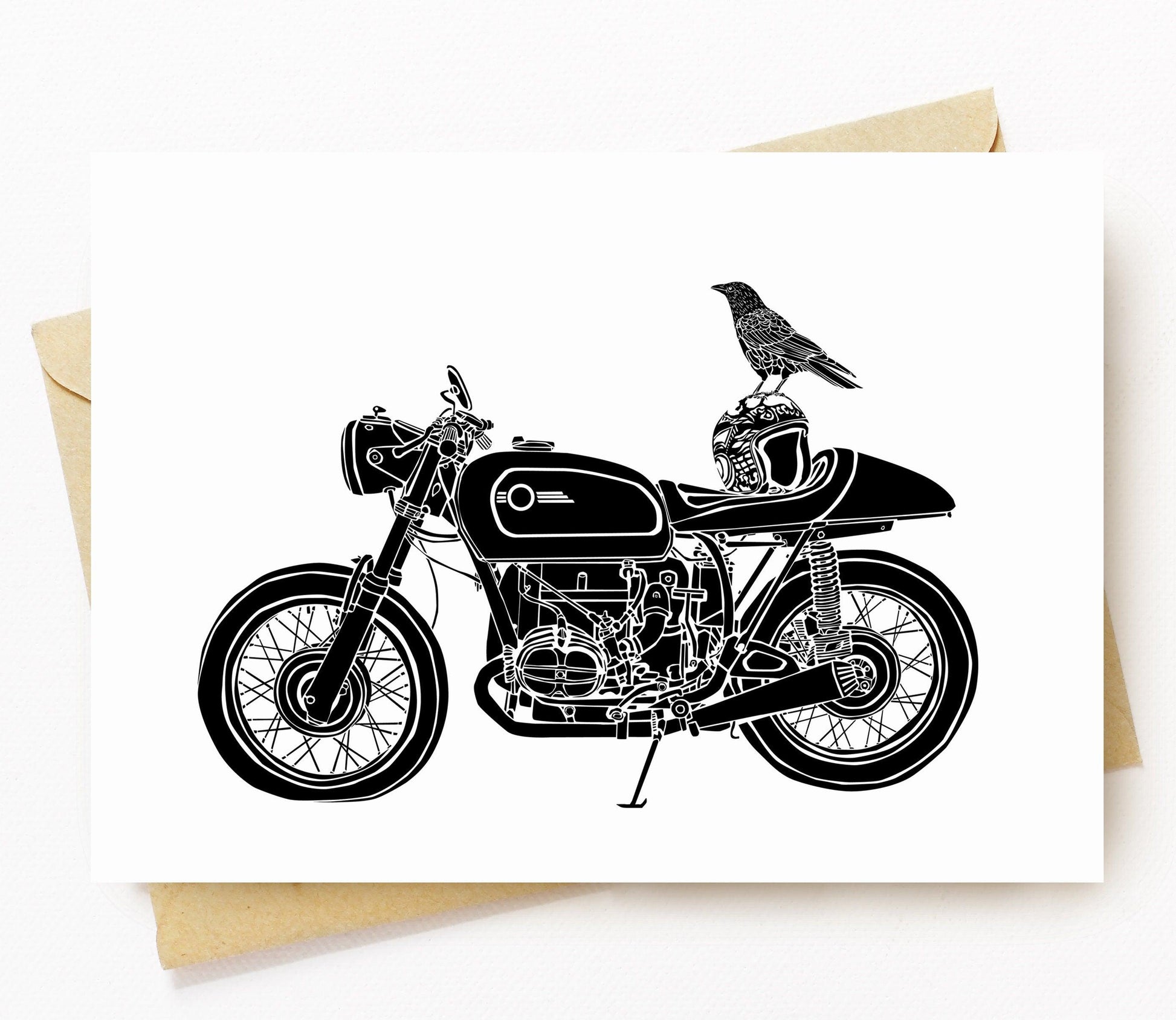 BellavanceInk: Greeting Card With Raven Sitting Upon A Cafe Racer Motorcycle 5 x 7 Inches - BellavanceInk