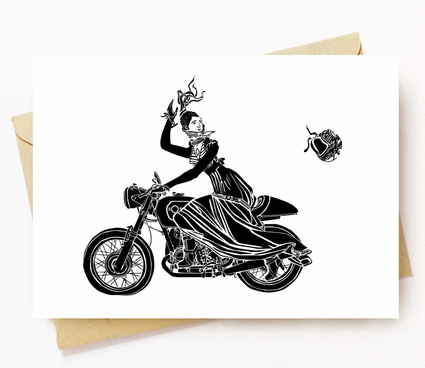 BellavanceInk: Greeting Card With Victorian Lady Losing Her Helmet On Her Cafe Racer Motorcycle  5 x 7 Inches - BellavanceInk