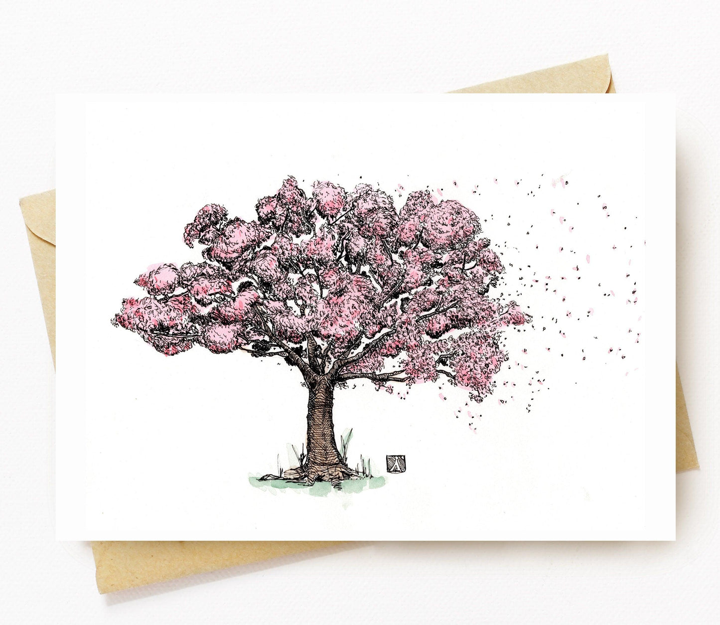 BellavanceInk: Greeting Card With A Pen & Ink Drawing With Watercolor of a Cherry Blossom Tree Being Blown In The Wind 5 x 7 Inches - BellavanceInk