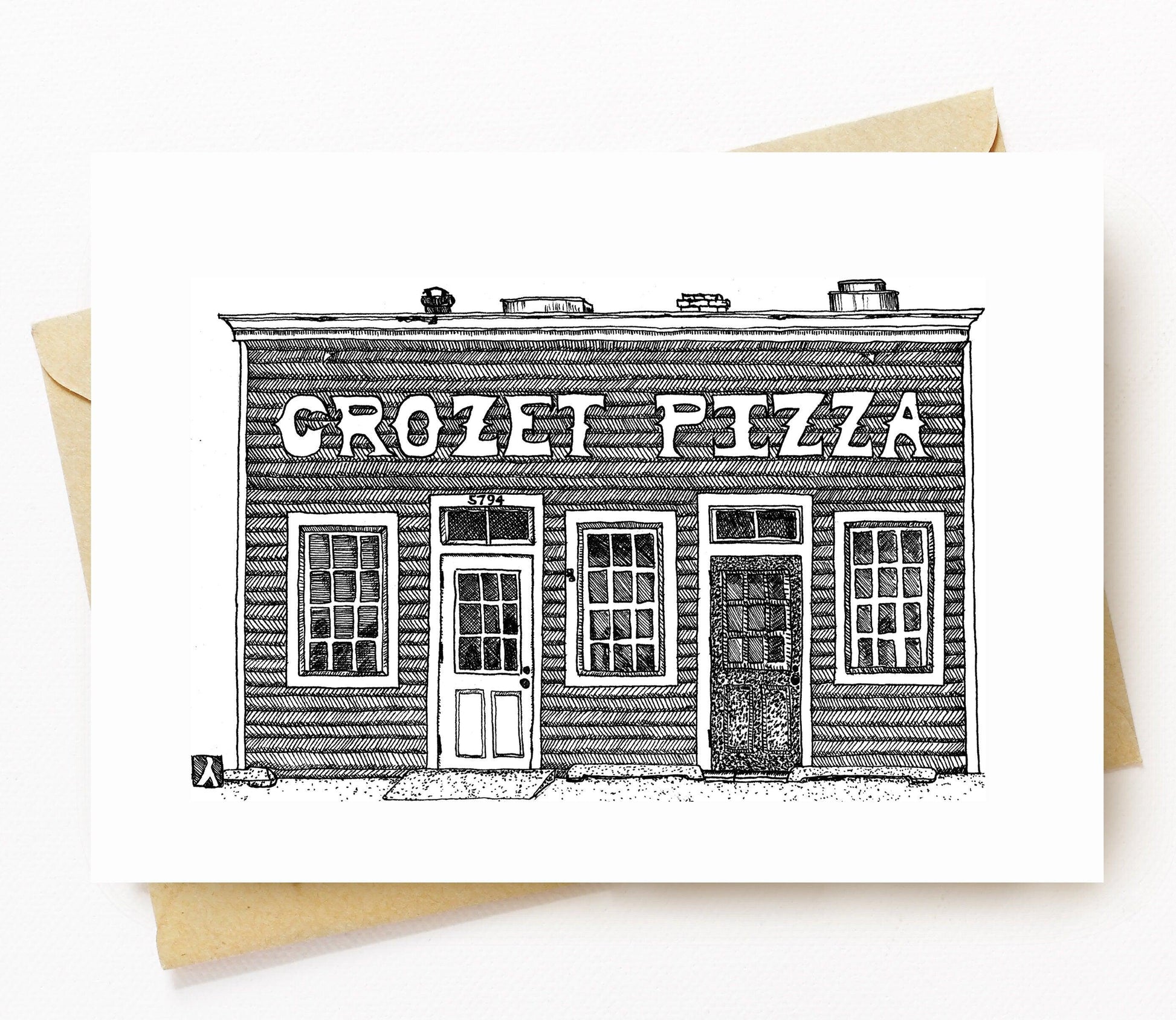 BellavanceInk: Greeting Card With A Pen & Ink Drawing Of Crozet Pizza 5 x 7 Inches - BellavanceInk