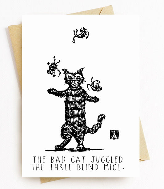 BellavanceInk: Greeting Card With A Pen & Ink Drawing Of A Bad Cat Juggling Three Blind Mice 5 x 7 Inches - BellavanceInk