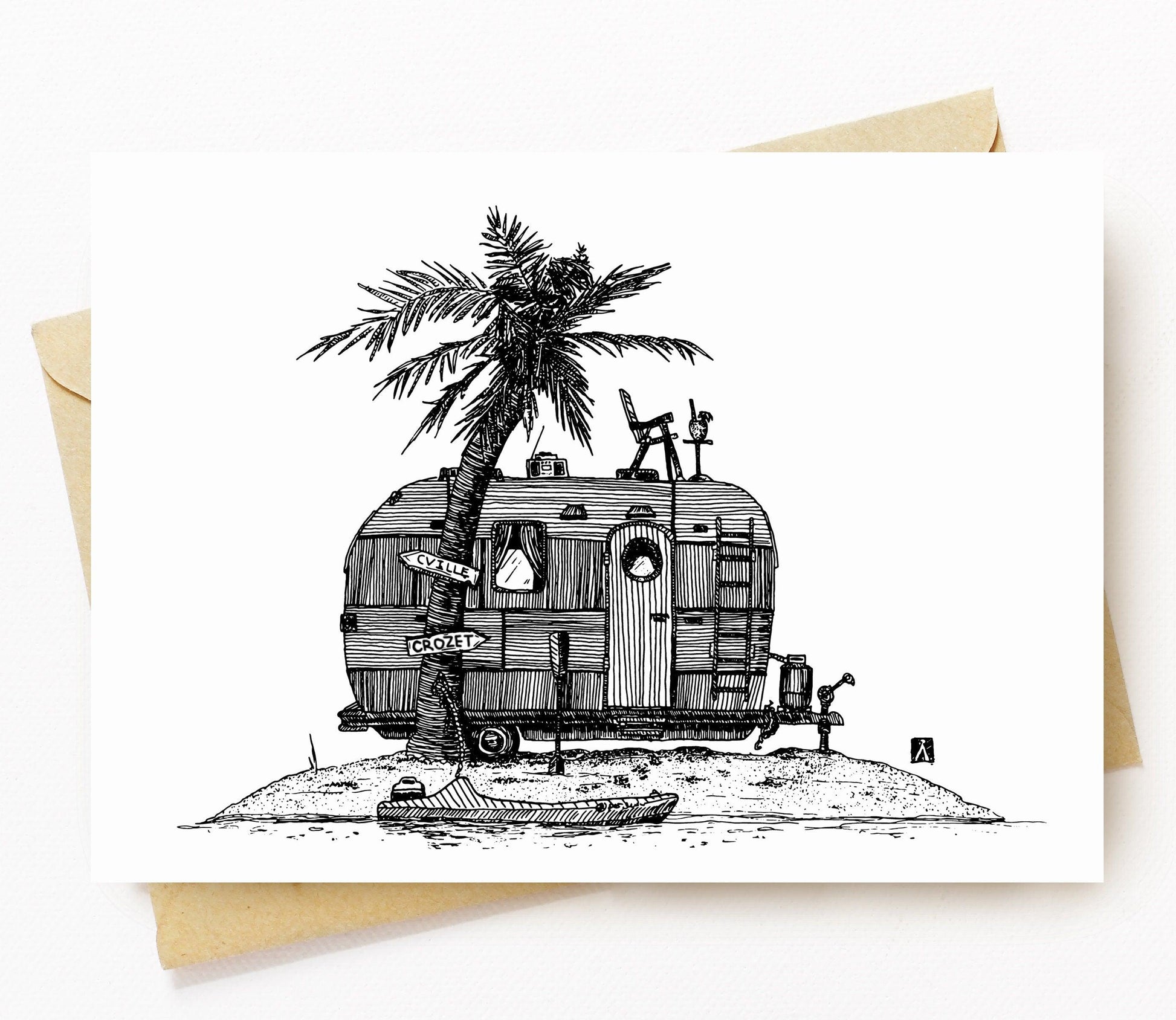 BellavanceInk: Greeting Card With Pen & Ink Drawing of Vintage Trailer On An Deserted Island 5 x 7 Inches - BellavanceInk