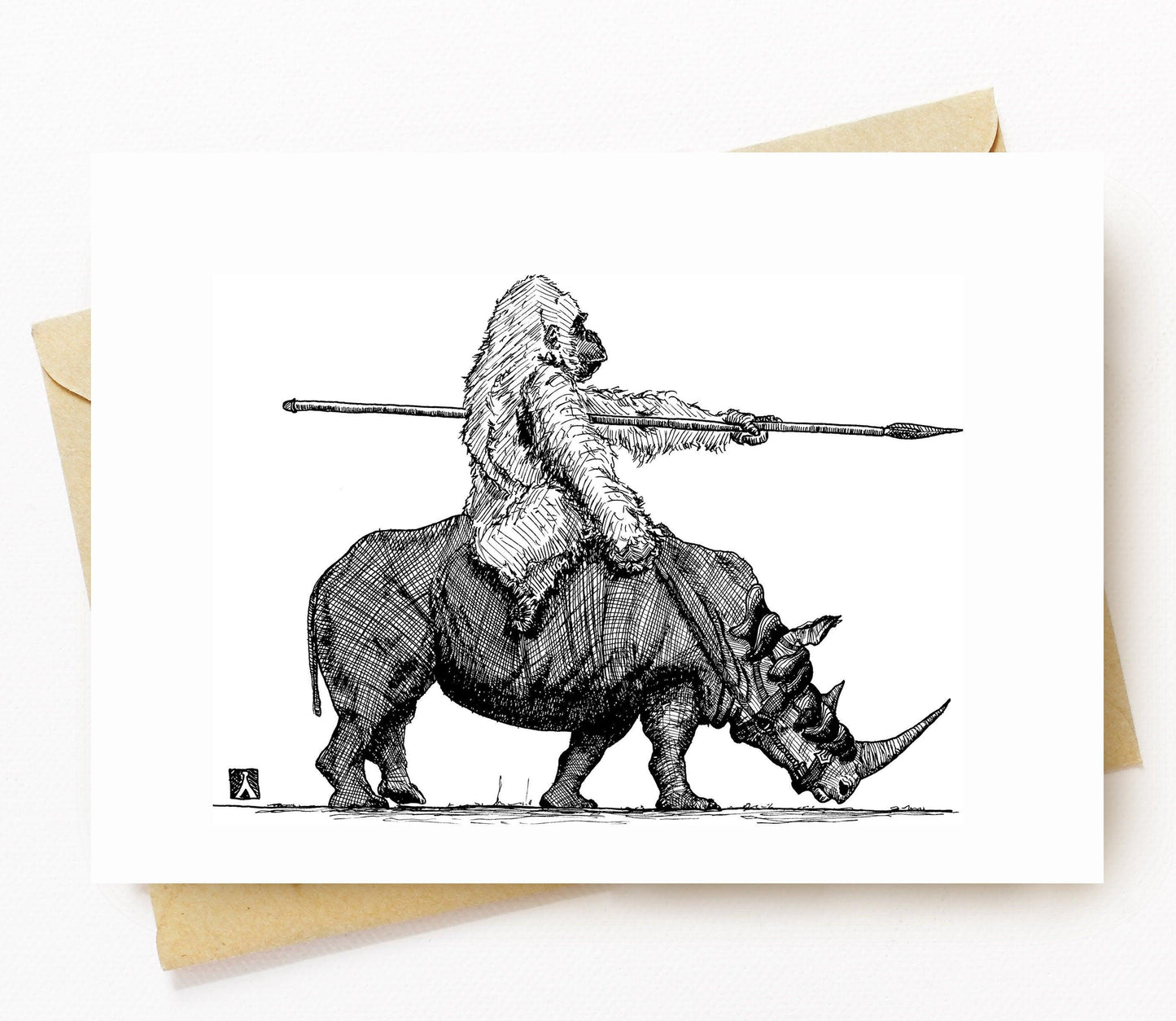 BellavanceInk: Greeting Card With Pen & Ink Drawing of Gorilla On A Rhino 5 x 7 Inches - BellavanceInk