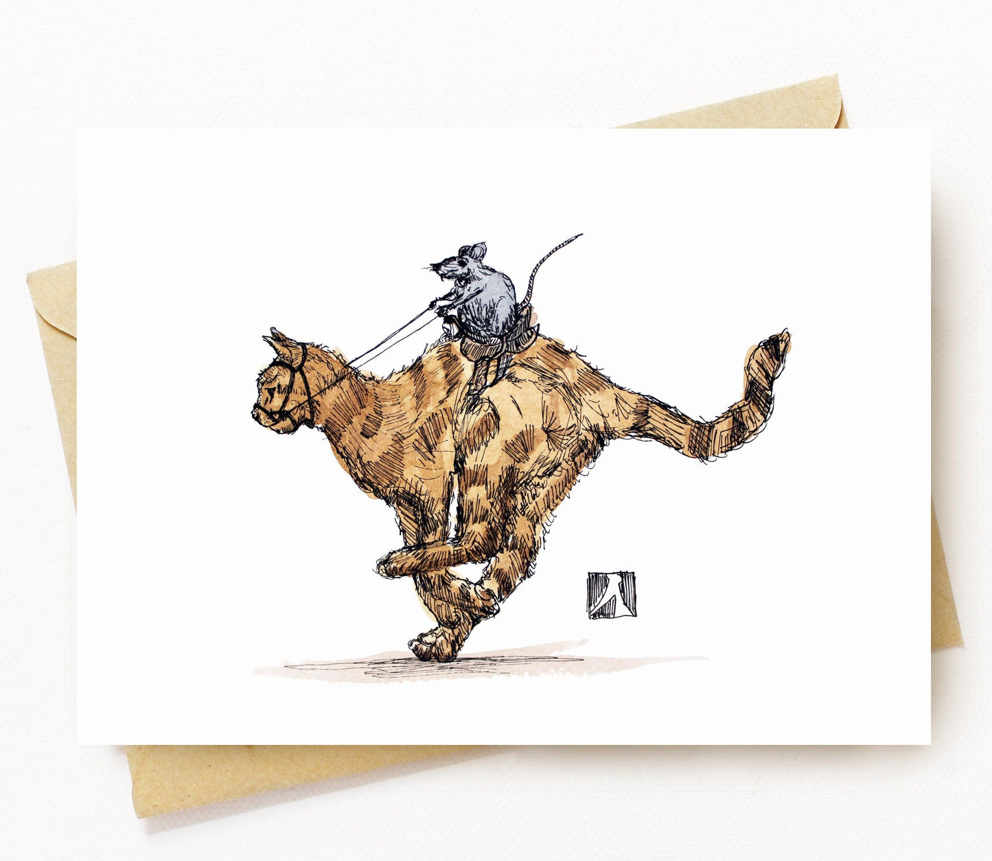 BellavanceInk: Greeting Card With A Pen & Ink Drawing Of A Rat Riding A Saddled Cat 5 x 7 Inches - BellavanceInk