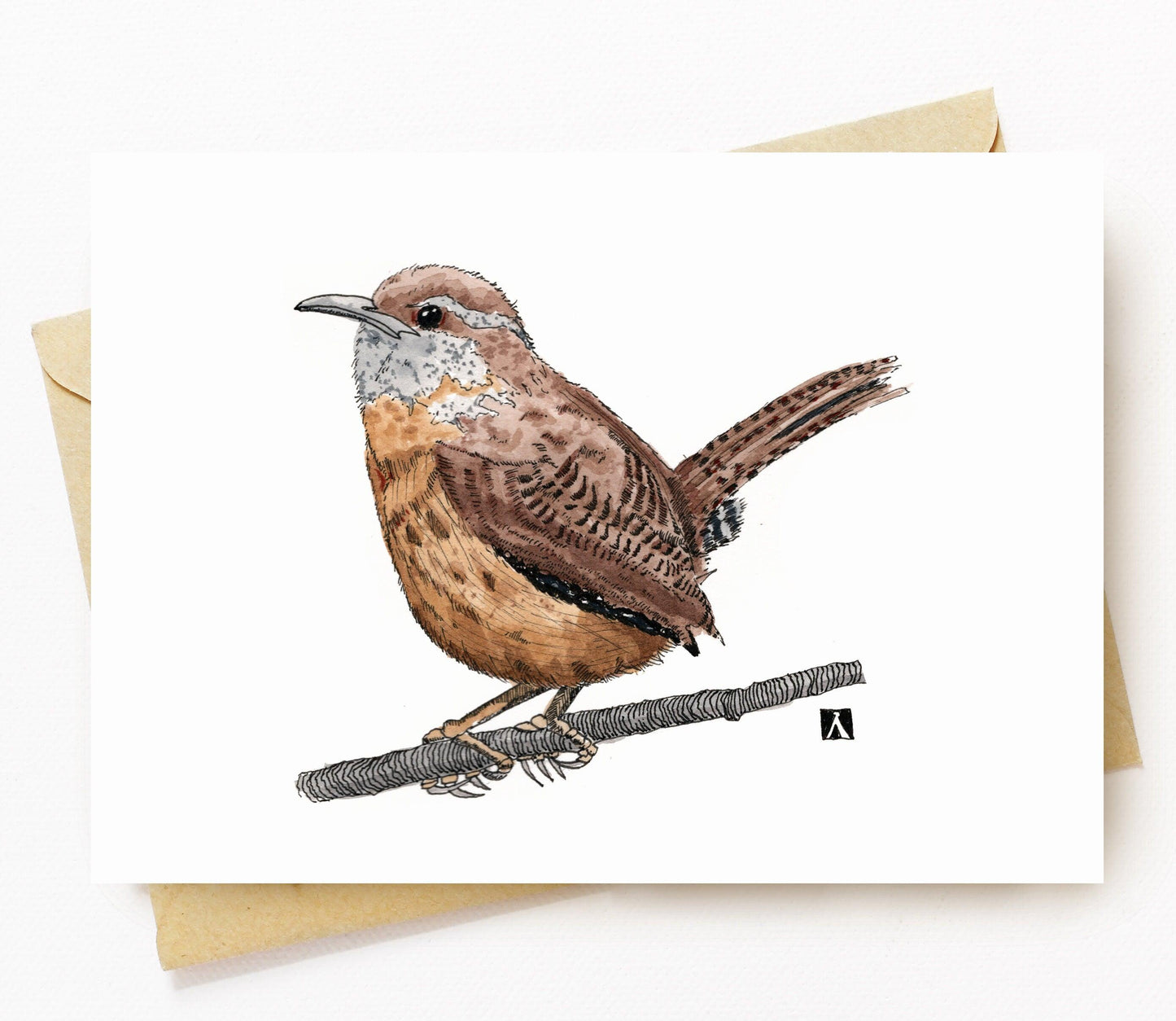 BellavanceInk: Greeting Card With Wren On A Tree Branch Pen & Ink Watercolor Illustration 5 x 7 Inches - BellavanceInk