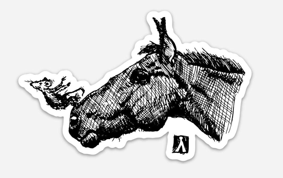 BellavanceInk: Little Mouse Swan Diving Off Of Horses Nose Pen And Ink Illustration On A Vinyl Sticker - BellavanceInk