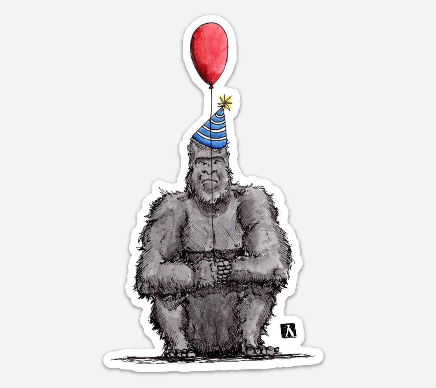 BellavanceInk: Grumpy Gorilla With Red Balloon Pen And Ink Illustration On A Vinyl Sticker - BellavanceInk