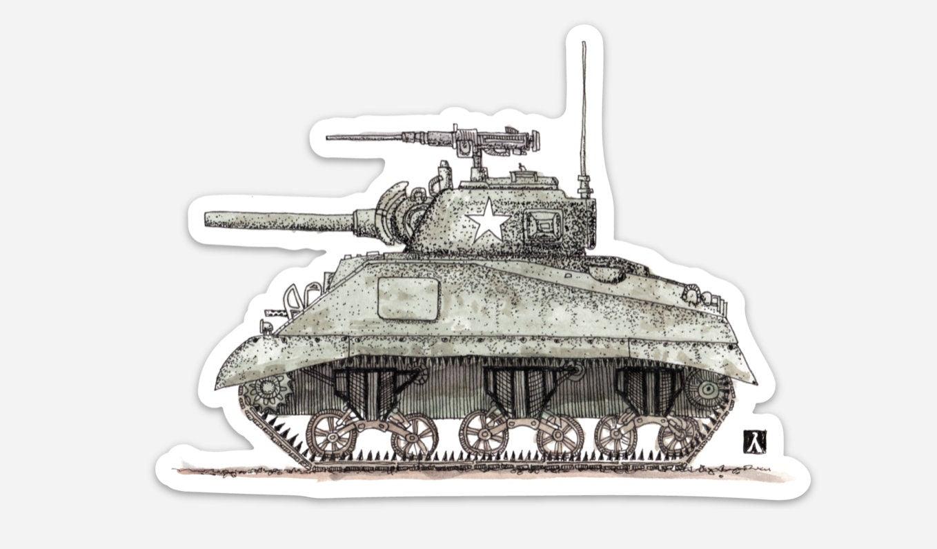 BellavanceInk: Vintage Sherman Tank Vinyl Sticker Hand Drawn Illustration - BellavanceInk